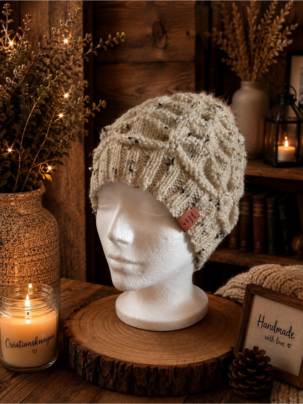 Handmade Cream Speckled Knit Beanie with Leather Tag